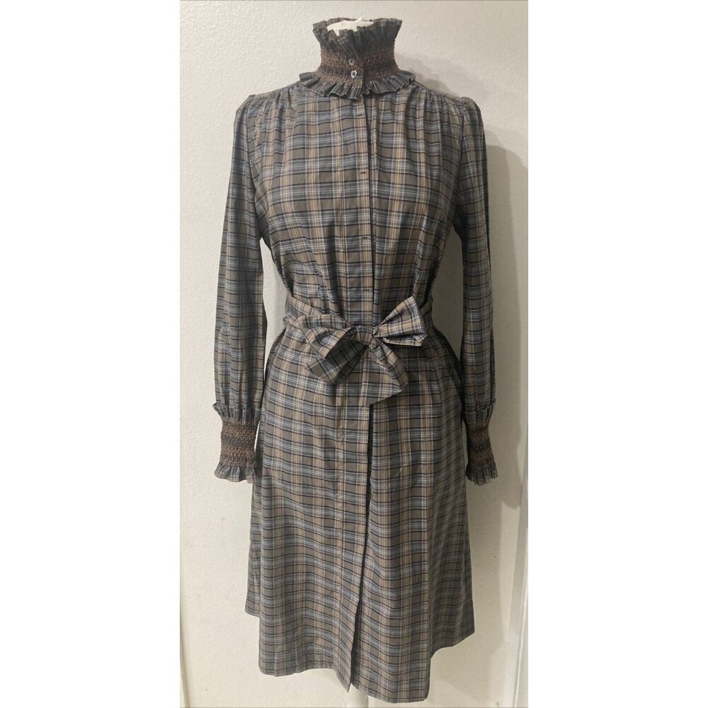 Plaid Long-Sleeve Dress with Bow Tie